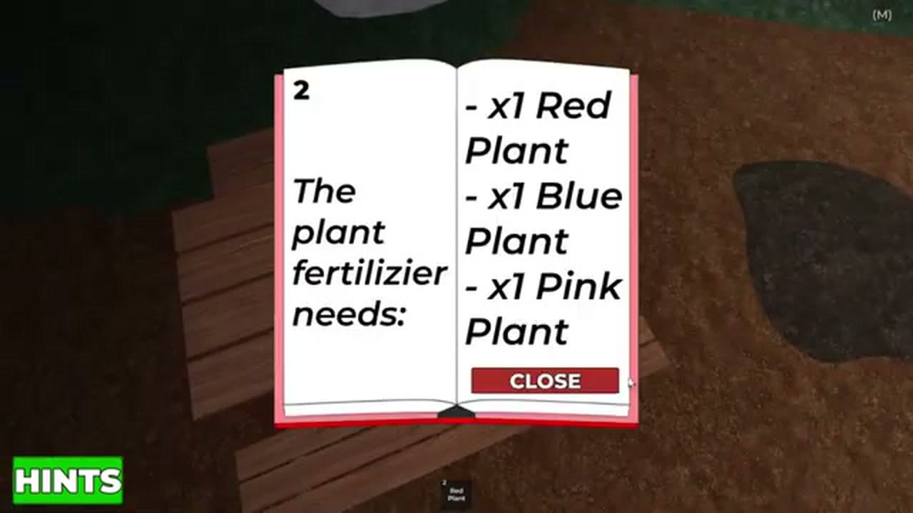 In-game Sinister Forest fertilizer book showing Red Plant, Blue Plant and Pink Plant